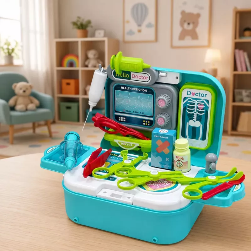 LEAN TOYS 2-in-1 lekárska súprava v kufríku, prenosná ordinácia, doplnky, modrá