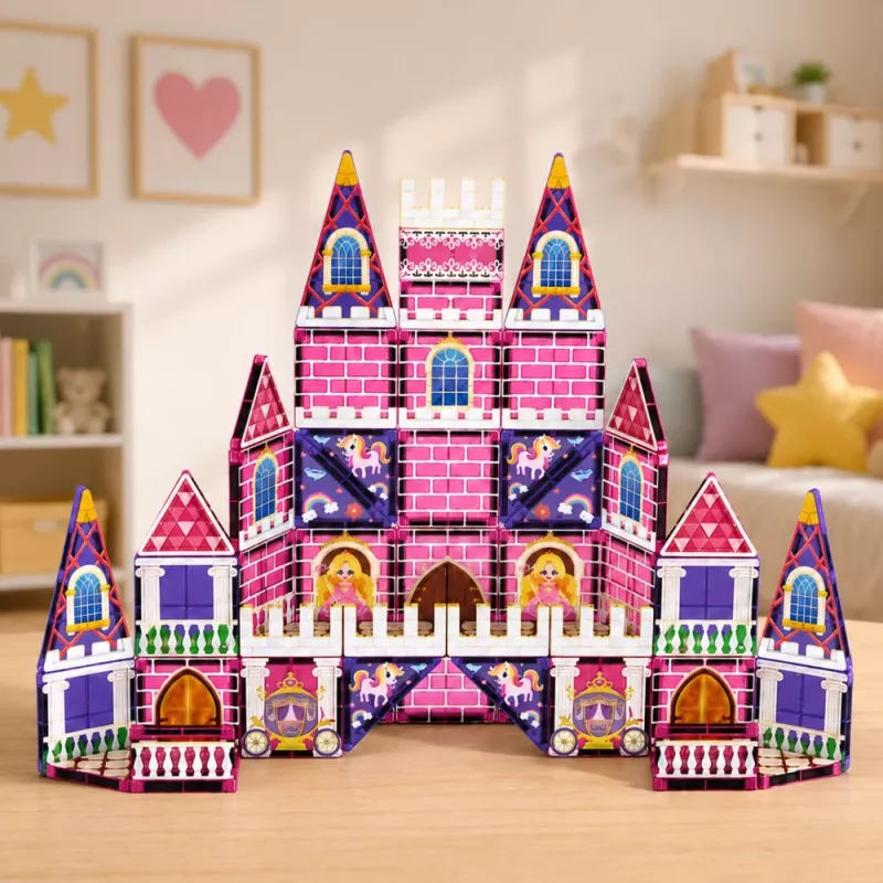 LEAN TOYS Magnetické stavebnice princezný zámok ružový 58 dielov