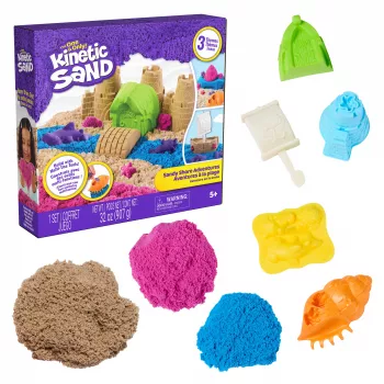 Kinetic Sand Beach Adventure sada – 907g piesku v 3 farbách s formičkami, nástrojom a hracou vaničkou