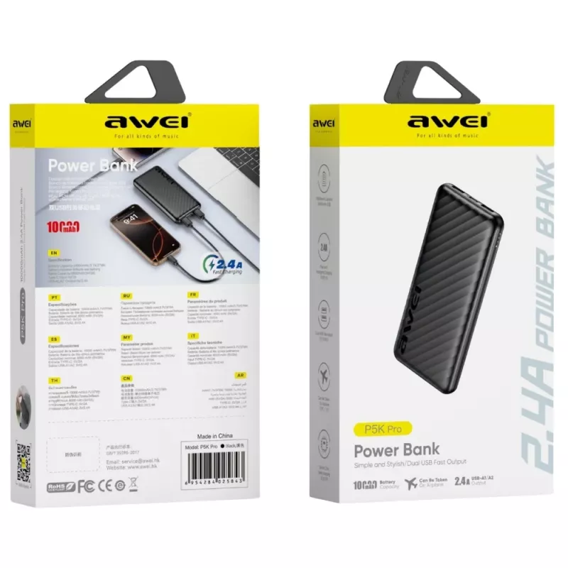 AWEI Power Bank 10000mAh P5K Pro 2xUSB - čierna