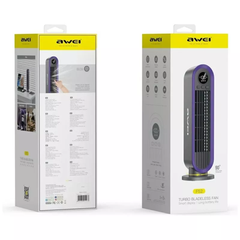 AWEI F52 prenosný vežový ventilátor 3600mAh USB-C nabíjateľný sivý