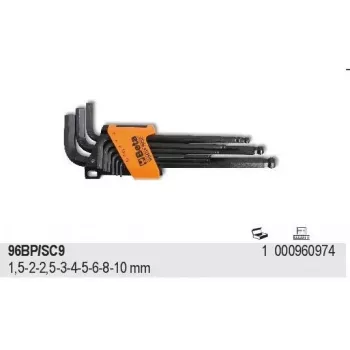 BETA 96BP/SC9 9-dielna metrická sada imbusových kľúčov s guľovou hlavou, 1,5-10mm, chróm-vanádiová oceľ