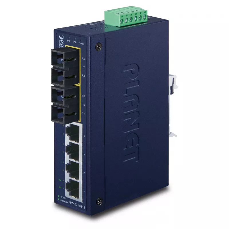 PLANET ISW-621TS15 priemyselný nemanažovaný L2 Fast Ethernet switch so 4x 10/100 + 2x 100Base-FX SC Multi-Mode, montáž na DIN lištu/stenu, -40 až 75 °C