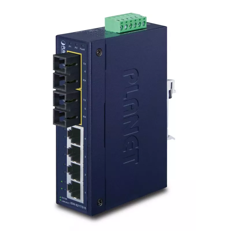 PLANET ISW-621TS15 priemyselný nemanažovaný L2 Fast Ethernet switch so 4x 10/100 + 2x 100Base-FX SC Multi-Mode, montáž na DIN lištu/stenu, -40 až 75 °C