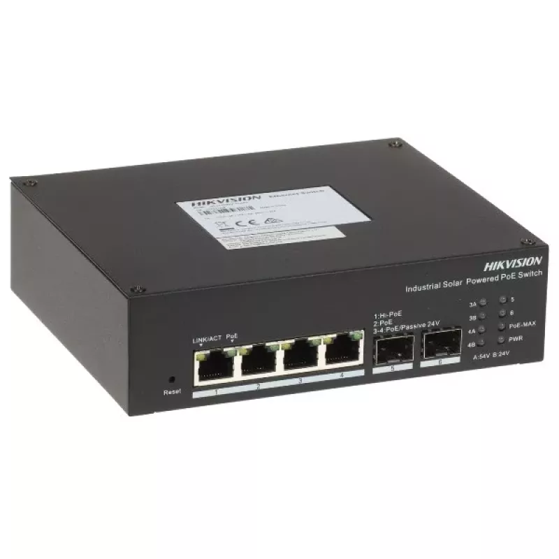 Hikvision DS-3T1506HP-EI-UPS LinkVu Smart Managed Industrial Solar PoE Switch, 6-portový, 4x PoE++ 90W, 110W Budget, integrovaná USV
