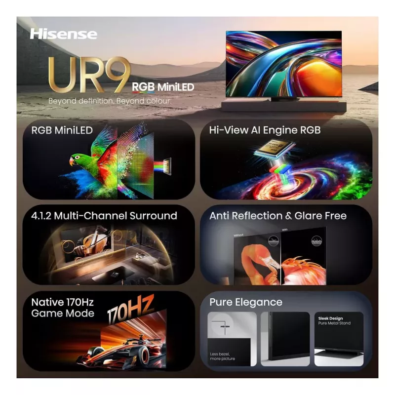 Hisense 65UR9DS 65-palcový 4K UHD RGB MiniLED Smart televízor, 3840x2160, 170 Hz, 6 ms, HDR, HDMI, USB-C, LAN, WiFi, Bluetooth, čierno-sivý