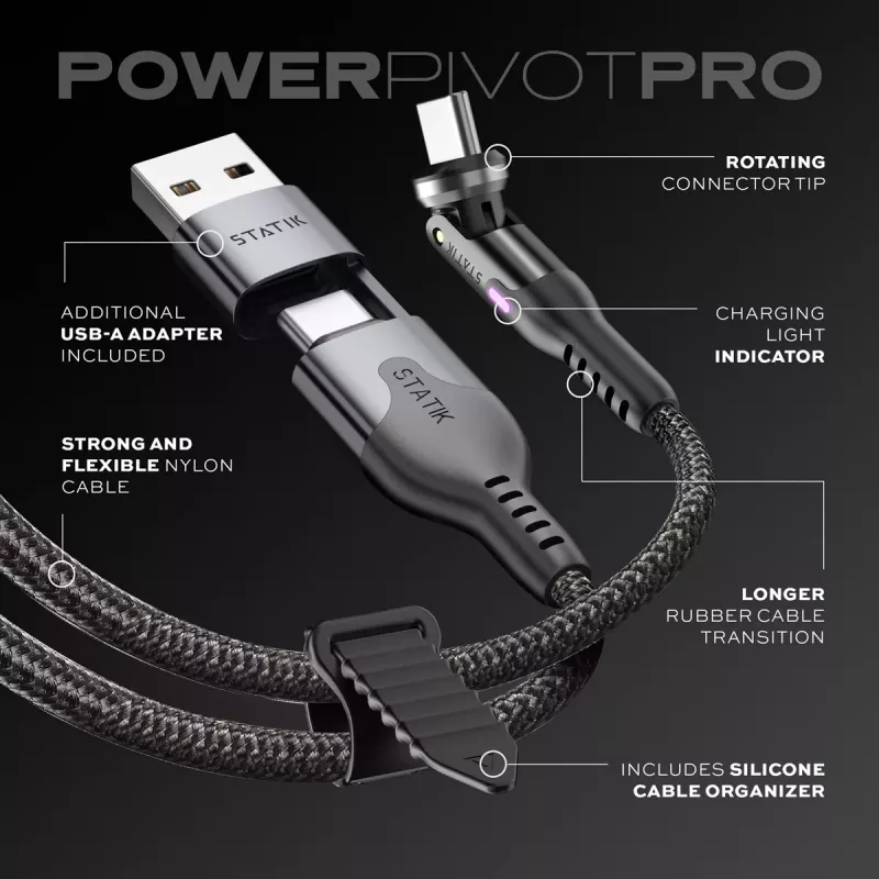 STATIK PowerPivot Pro nylonom opletený kábel USB-C na USB-C 3m čierny