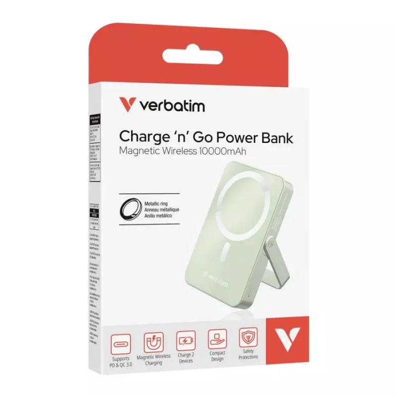Verbatim Charge 'n' Go Magnetic Wireless Power Bank so stojanom 10000mAh USB-C PD 3.0 zelená