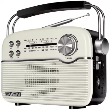 SVEN SRP-500 Prenosný Bluetooth reproduktor, biely (3W, FM/AM/SW rádio, USB, microSD, AUX, batéria)