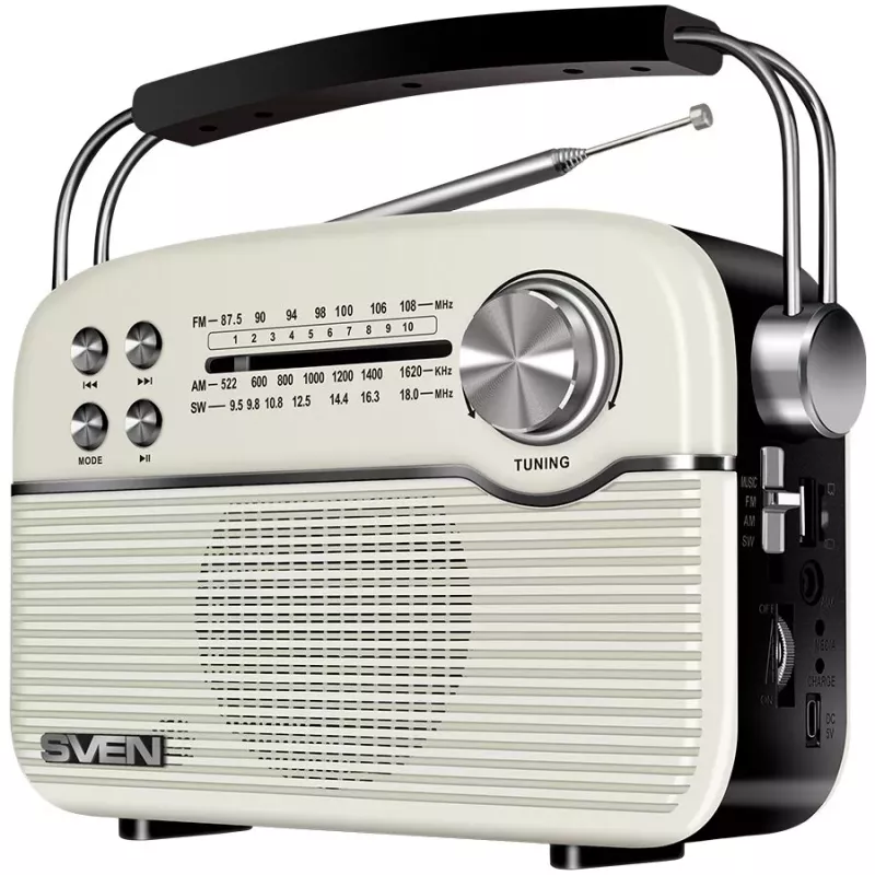 SVEN SRP-500 Prenosný Bluetooth reproduktor, biely (3W, FM/AM/SW rádio, USB, microSD, AUX, batéria)