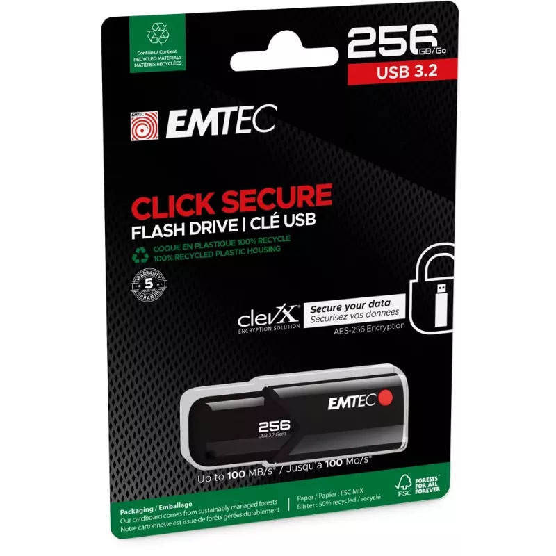 Emtec USB 3.2 Click Secure B120 256GB USB kľúč čierny