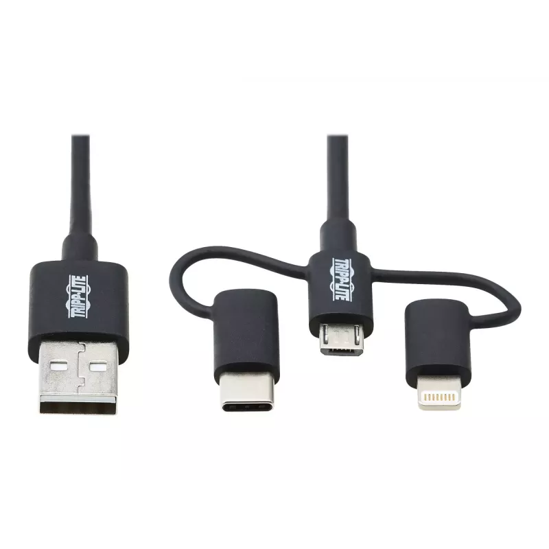 Eaton Tripp Lite Series univerzálny USB-A na Lightning, USB Micro-B a USB-C synchronizačný/nabíjací kábel (M/3xM), MFi certifikovaný, čierny, 1,8 m