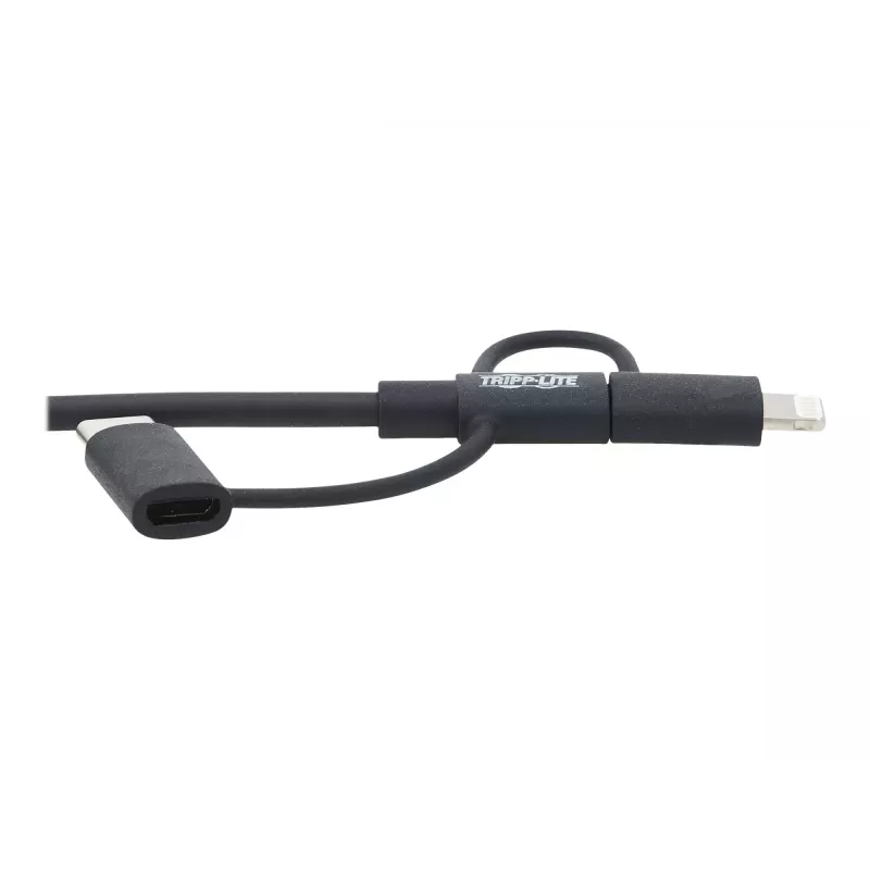 Eaton Tripp Lite Series univerzálny USB-A na Lightning, USB Micro-B a USB-C synchronizačný/nabíjací kábel (M/3xM), MFi certifikovaný, čierny, 1,8 m