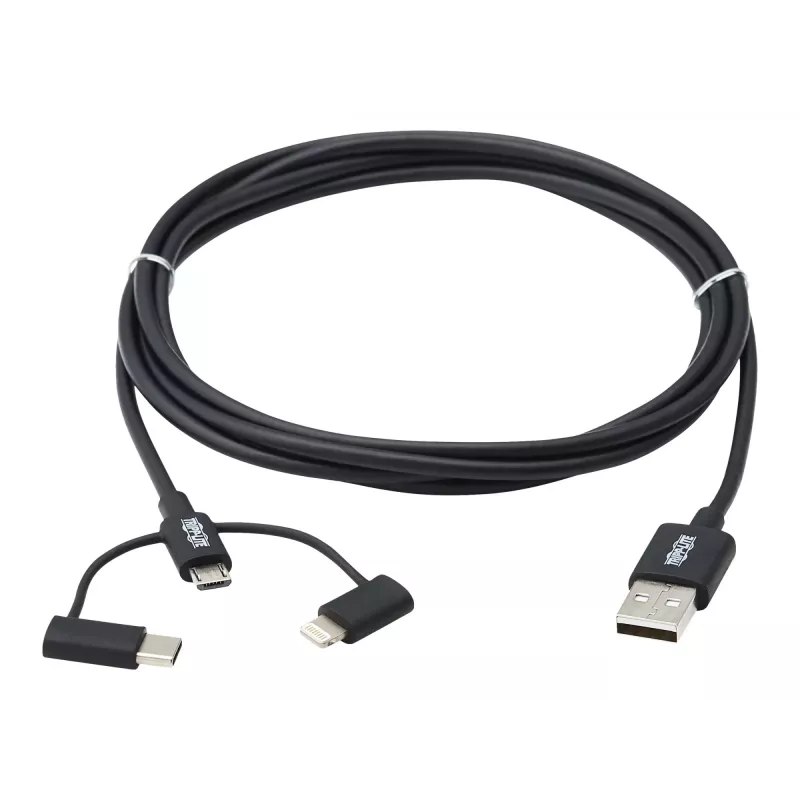 Eaton Tripp Lite Series univerzálny USB-A na Lightning, USB Micro-B a USB-C synchronizačný/nabíjací kábel (M/3xM), MFi certifikovaný, čierny, 1,8 m