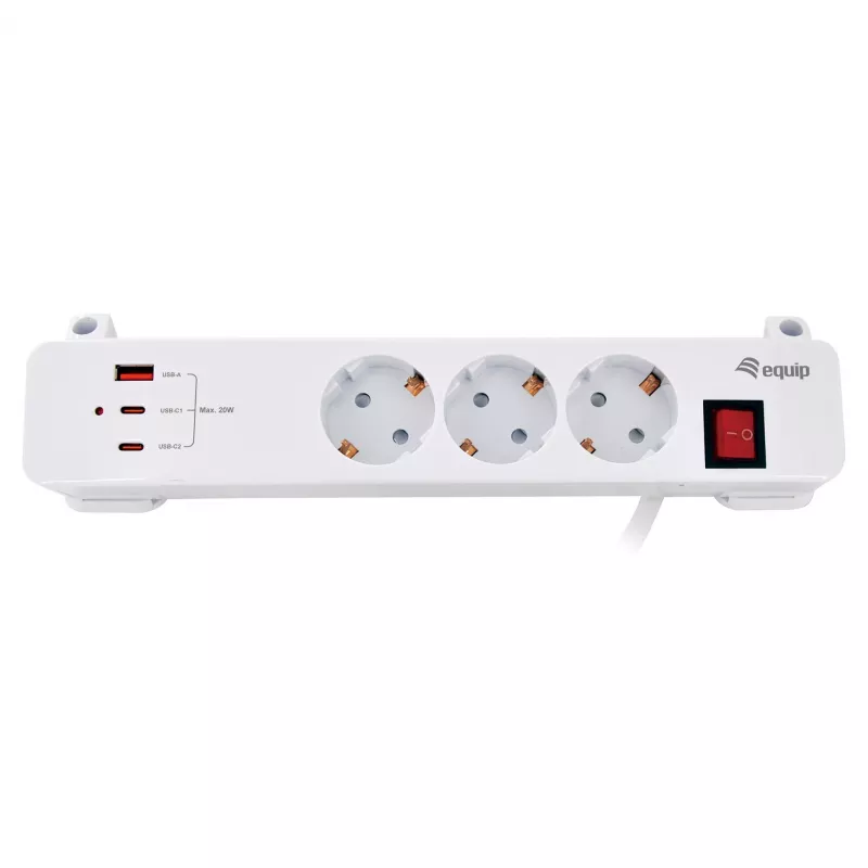 Equip predlžovacia lišta CEE 7/7 90° na 3x Schuko / 2x USB-C + USB-A, biela, 1,5m