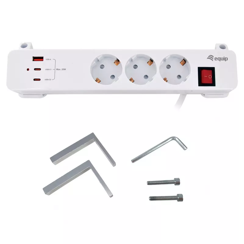 Equip predlžovacia lišta CEE 7/7 90° na 3x Schuko / 2x USB-C + USB-A, biela, 1,5m