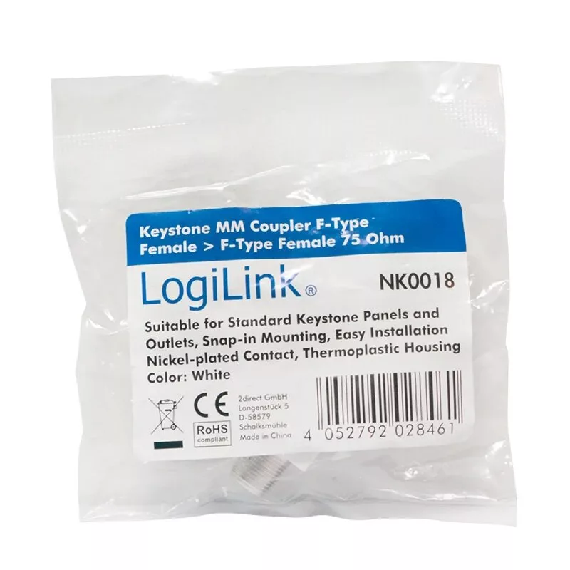 LogiLink Keystone In-Line Coupler F konektor samica na F konektor samica 75 Ohm biely