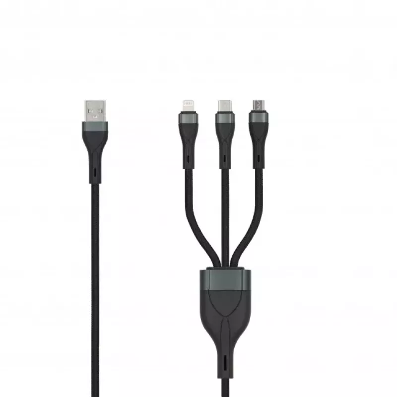 SEEK TOTI USB-A na Micro-USB / USB-C / Lightning 1,5m pletený kábel 2A (Non-MFI) čierny