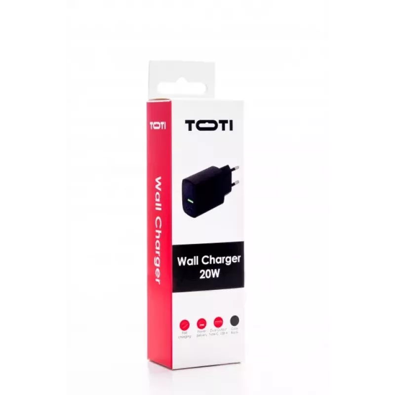 SEEK TOTI 20W Type-C + USB A nástenná rýchlonabíjačka, čierna