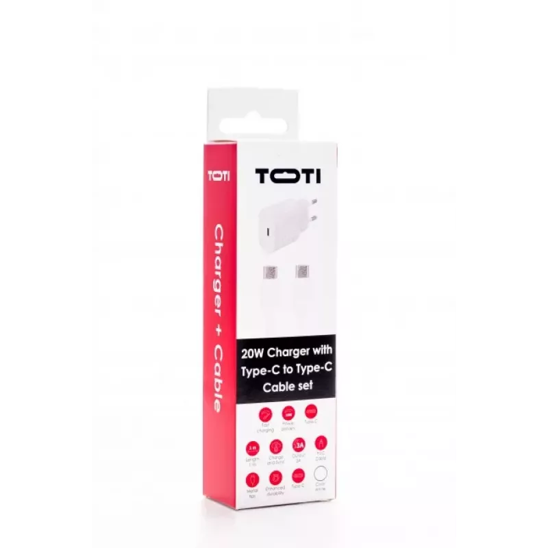 SEEK TOTI 20W Type-C PD nástenná nabíjačka s Type-C na Type-C, 1 m PVC dátový kábel 3A, biela