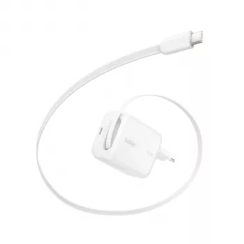 Belkin BOOST CHARGE Pro 67W duálna GaN nástenná nabíjačka s výsuvným USB-C káblom, biela