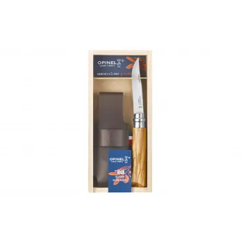 OPINEL No. 08 zatvárací nôž s olivovým drevom a koženým puzdrom v darčekovej krabici