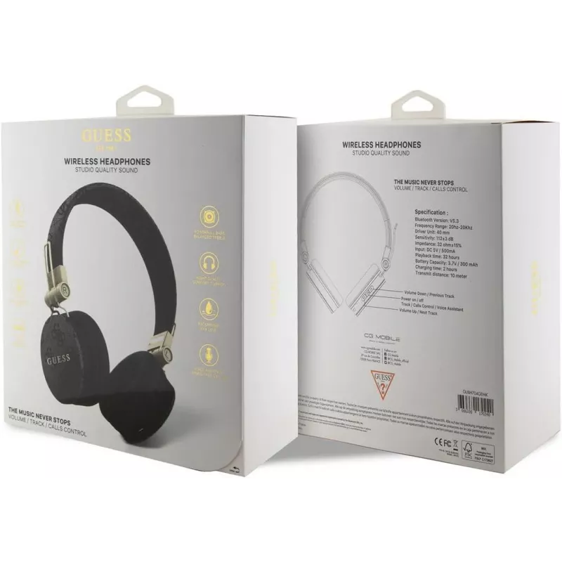 GUESS GUBH704GEMK cez uši Bluetooth slúchadlá, čierne, 4G Metal Logo
