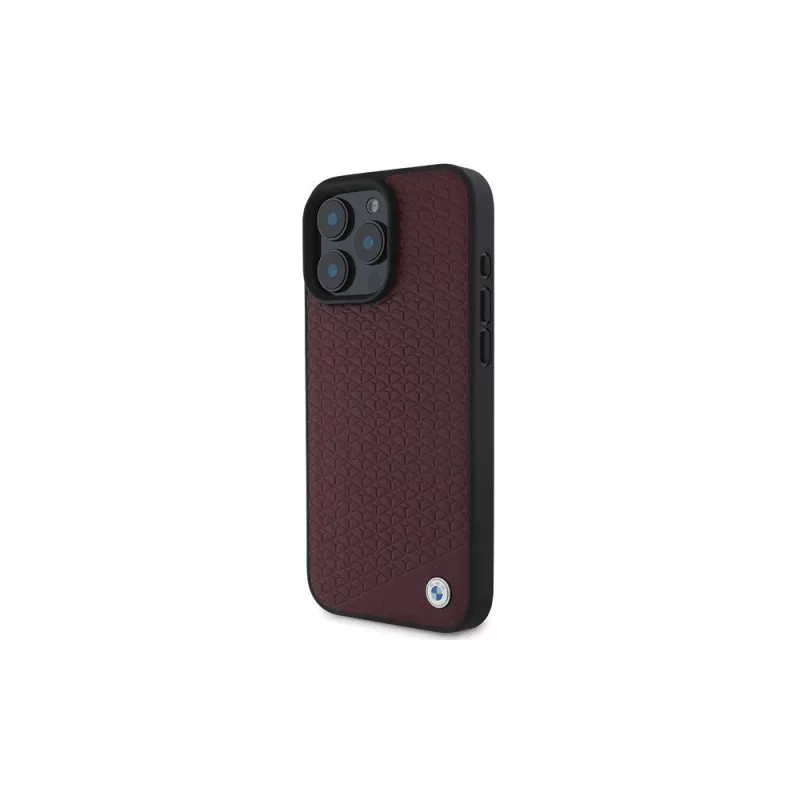 BMW iPhone 16 Pro Max červené pevné puzdro Sign Leather Diamond Metal Logo MagSafe