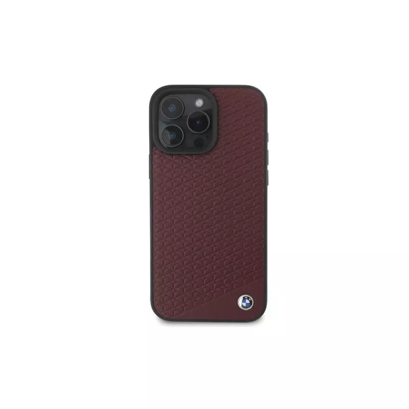BMW iPhone 16 Pro Max červené pevné puzdro Sign Leather Diamond Metal Logo MagSafe