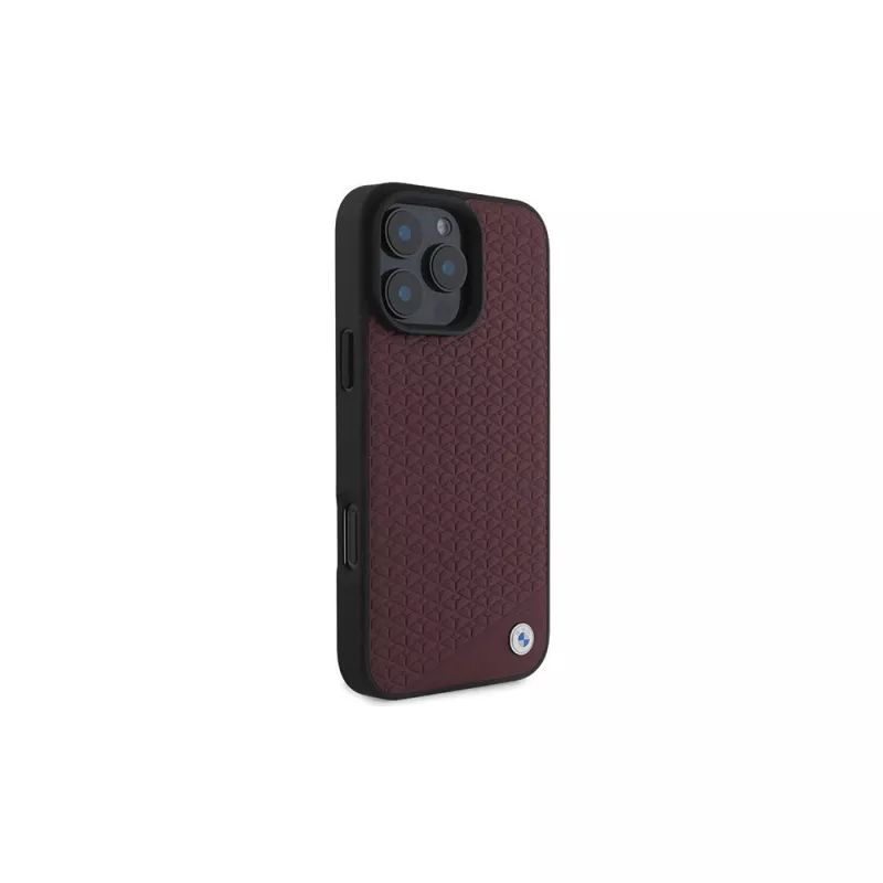 BMW iPhone 16 Pro Max červené pevné puzdro Sign Leather Diamond Metal Logo MagSafe