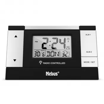 MEBUS 51059 digitálny budík - čierna/strieborná - LCD displej - 12/24h - batéria - Micro-USB