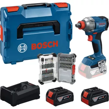 BOSCH PowerTools akumulátorový rázový uťahovač set GDX 18V 285 Nm s 2 batériami 5,0 Ah a 31-dielnou sadou bitov v L-BOXX