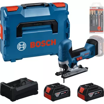 BOSCH PowerTools akumulátorová priamočiara píla set s 2 batériami 5,0 Ah, rýchlonabíjačkou a sadou plátkov do priamočiarej píly v L-BOXX (kartón)