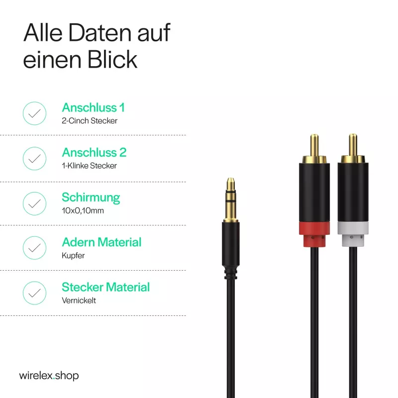 ShiverPeaks audio 3,5mm jack na 2x RCA stereo audio kábel 1,5m pozlátený čierny