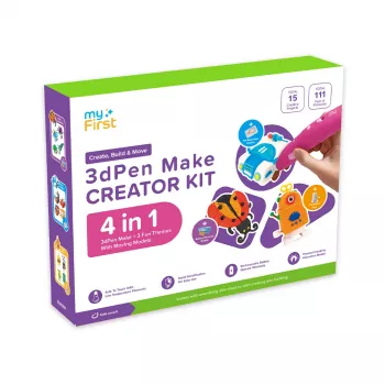 myFirst 3dPen Make Creator Kit - sada 3D pera s 3 tematickými sadami šablón, 3 pohyblivými modelovými predlohami a PCL filamentmi (červená)