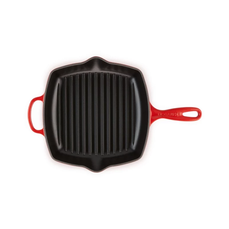 Le Creuset liatinová grilovacia panvica, hranatá, 26 cm, čerešňová červená