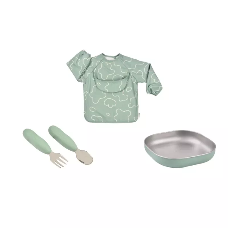 Beaba First Meals darčeková súprava 3 v 1 (tanier, súprava príborov, podbradník) Sage Green
