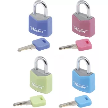Master Lock 9120EURQCOLNOP 20 mm pevný hliníkový kľúčový visací zámok balenie 4 ks rôzne farby modrá zelená ružová fialová