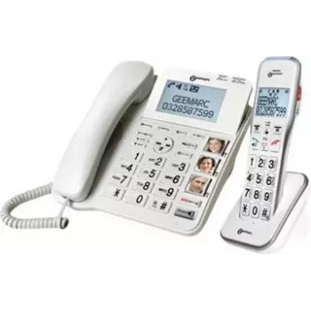 Geemarc DECT595 COMBI káblový telefón pre seniorov so záznamníkom, hlasitým odposluchom, optickou signalizáciou zvonenia, kompatibilný so slúchadlami, vrátane núdzového vysielača (DECT595_COMBI_WH_VDE)