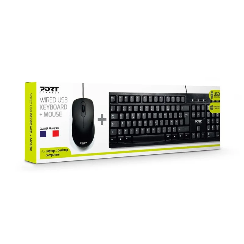 PORT Designs 900900 plnohodnotná káblová USB klávesnica a myš set, AZERTY rozloženie, čierna