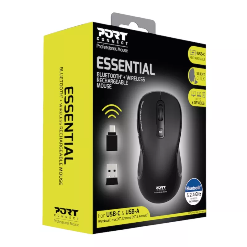 PORT Designs PORT Connect Professional ESSENTIAL bezdrôtová optická myš - 5 tlačidiel - 2,4 GHz, Bluetooth - USB prijímač - čierna