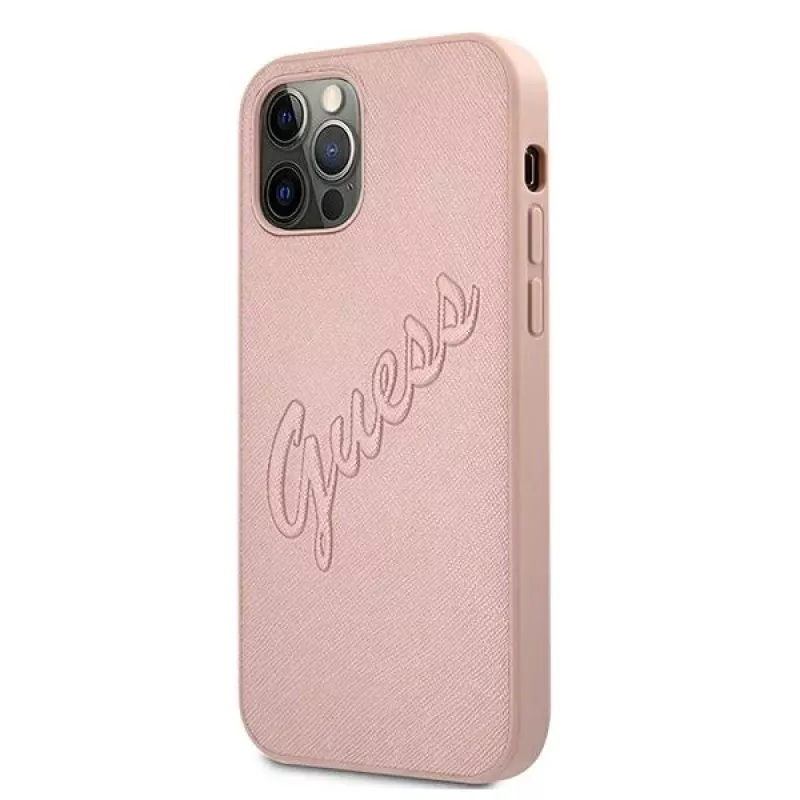 Guess GUHCP12LRSAVSRG Saffiano Vintage Script pevné puzdro pre Apple iPhone 12 Pro Max, ružová