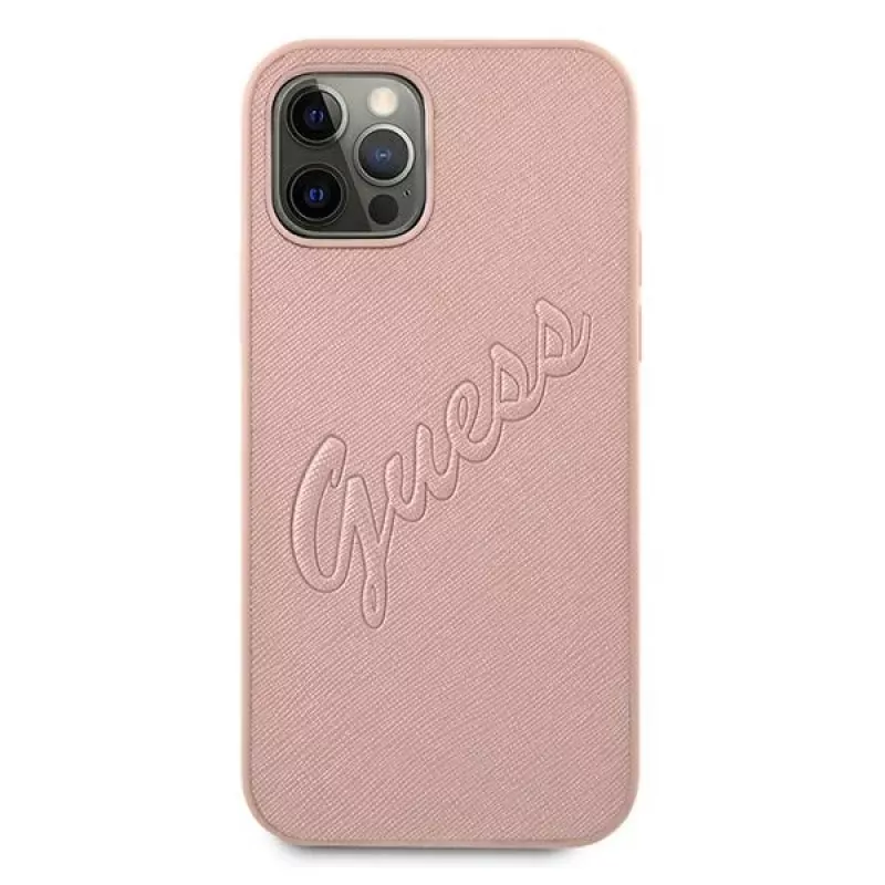 Guess GUHCP12LRSAVSRG Saffiano Vintage Script pevné puzdro pre Apple iPhone 12 Pro Max, ružová