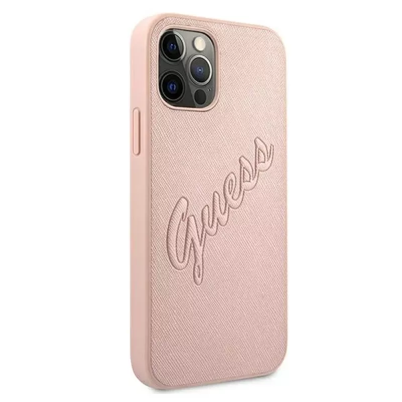 Guess GUHCP12LRSAVSRG Saffiano Vintage Script pevné puzdro pre Apple iPhone 12 Pro Max, ružová