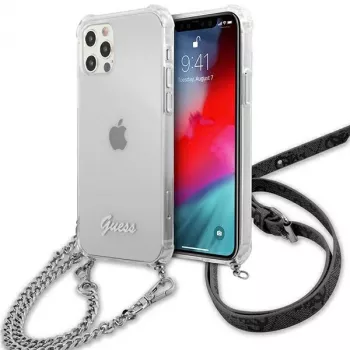 Guess GUHCP12LKC4GSSI iPhone 12 Pro Max 6,7 palca priehľadné pevné puzdro so striebornou reťazou - kolekcia 4G