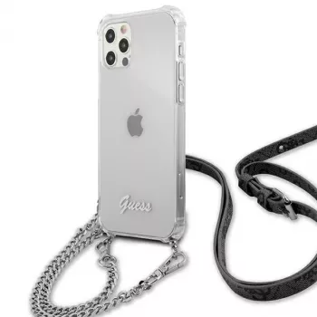 Guess GUHCP12LKC4GSSI iPhone 12 Pro Max 6,7 palca priehľadné pevné puzdro so striebornou reťazou - kolekcia 4G