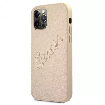 Guess Saffiano Vintage Script pevné puzdro pre Apple iPhone 12 Pro Max 6,7 palca - zlatá