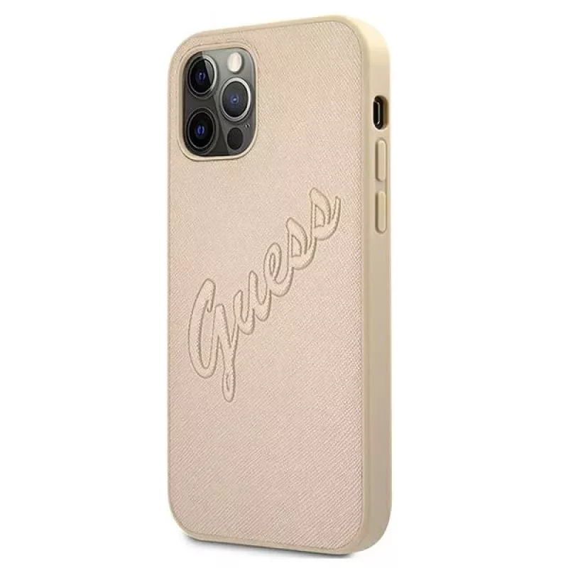 Guess Saffiano Vintage Script pevné puzdro pre Apple iPhone 12 Pro Max 6,7 palca - zlatá