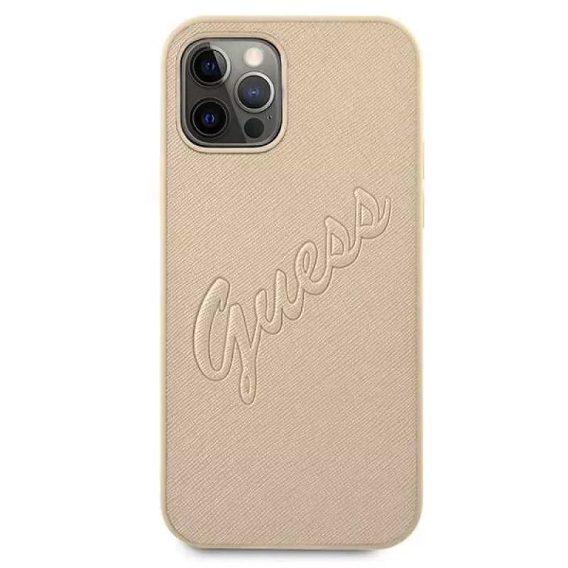 Guess Saffiano Vintage Script pevné puzdro pre Apple iPhone 12 Pro Max 6,7 palca - zlatá