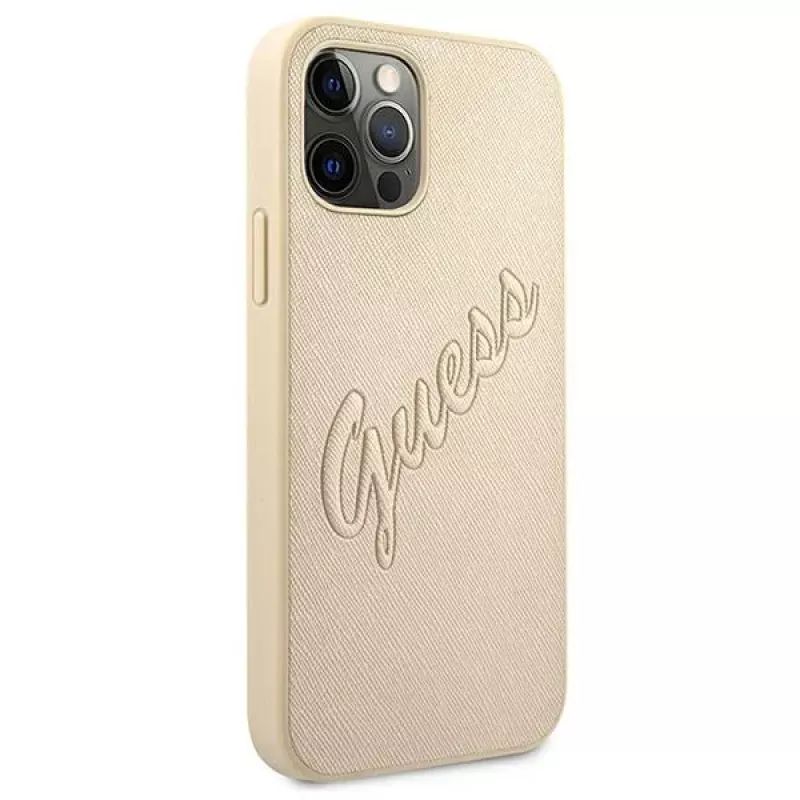 Guess Saffiano Vintage Script pevné puzdro pre Apple iPhone 12 Pro Max 6,7 palca - zlatá